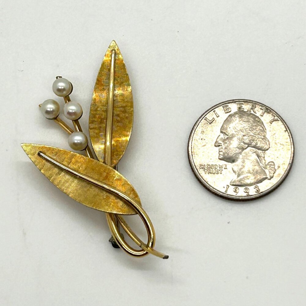 Vintage Krementz Brooch Pin Gold-Tone Leaf & Faux Pearl Floral 1.5 inch - Picture 2 of 16